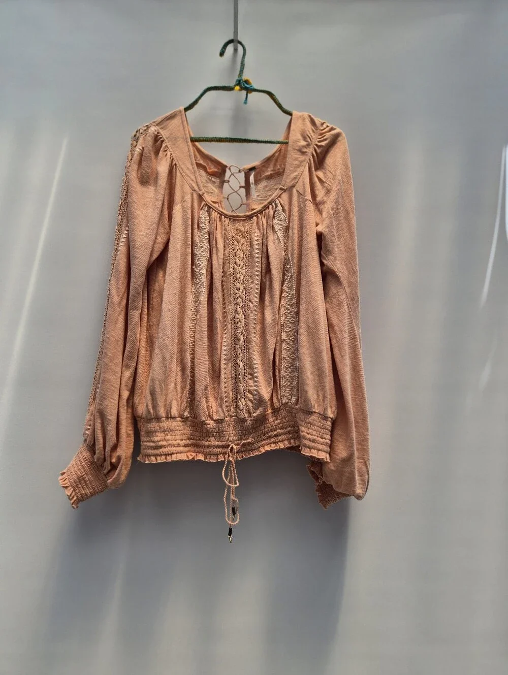 Free People Silverlake Peasant Blouse Large Peach Fairycore 70s Boho Chic Lace